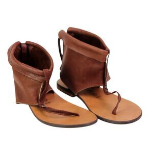 Porronet BROWN REAL LEATHER OPEN TOE ZIP FLAT SLINGBACK SANDALS SHOES Size 37